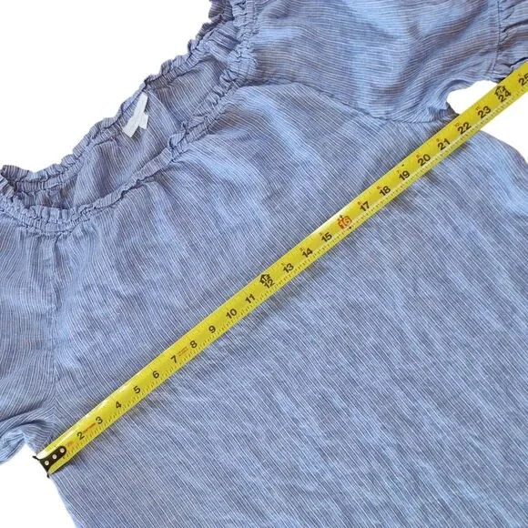 Charter Club Linen Peasant Blouse Top Striped Blue Bell Sleeves Mini Pom Poms XL - Picture 9 of 11